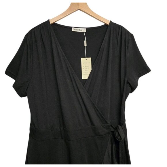 Nemidor Womens Plus Size 16 Black Jersey Knit Wrap Dress Ruffle Hem Minimalist - Picture 4 of 7